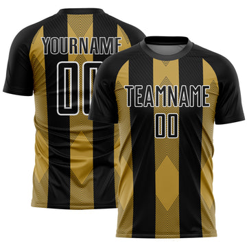 Custom Black Old Gold-White Line Sublimation Soccer Uniform Jersey