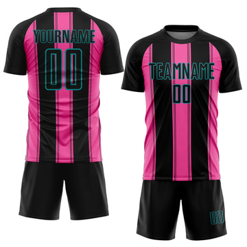 Custom Black Pink-Teal Line Sublimation Soccer Uniform Jersey