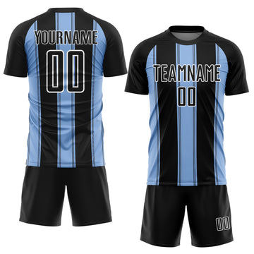 Custom Black Light Blue-White Line Sublimation Soccer Uniform Jersey