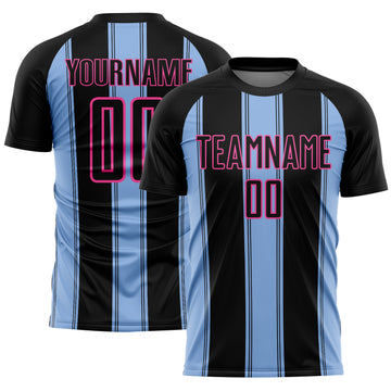 Custom Black Light Blue-Pink Line Sublimation Soccer Uniform Jersey