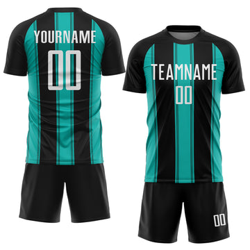 Custom Black White-Aqua Line Sublimation Soccer Uniform Jersey