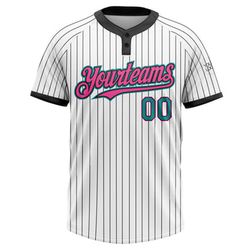 Custom White Black Pinstripe Teal-Pink Two-Button Unisex Softball Jersey