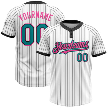 Custom White Black Pinstripe Teal-Pink Two-Button Unisex Softball Jersey