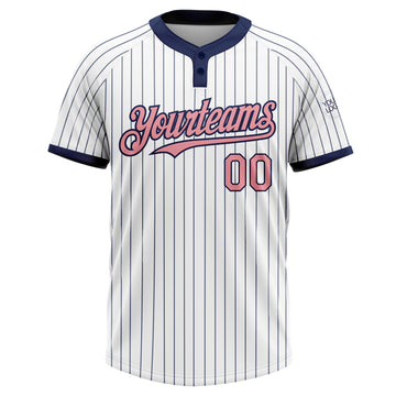 Custom White Navy Pinstripe Medium Pink Two-Button Unisex Softball Jersey