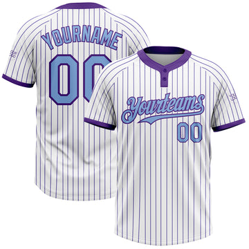 Custom White Purple Pinstripe Light Blue Two-Button Unisex Softball Jersey