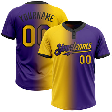 Custom Purple Yellow-Black Gradient Fashion Two-Button Unisex Softball Jersey