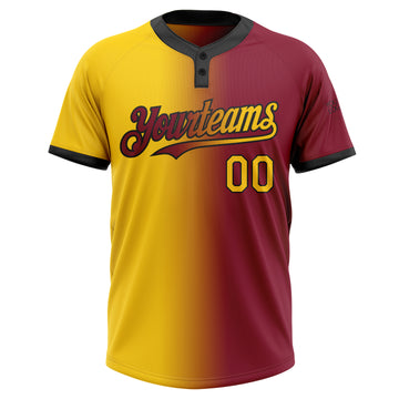 Custom Crimson Yellow-Black Gradient Fashion Two-Button Unisex Softball Jersey