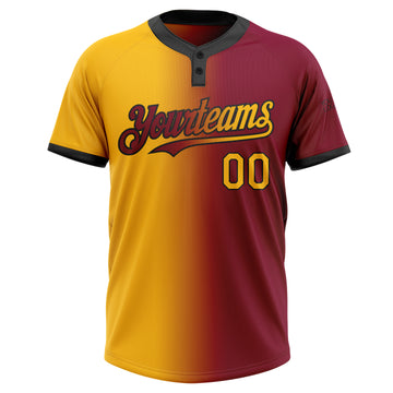 Custom Maroon Gold-Black Gradient Fashion Two-Button Unisex Softball Jersey