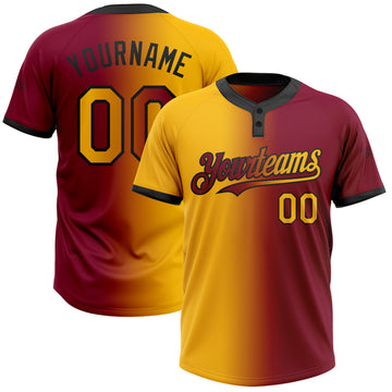 Custom Maroon Gold-Black Gradient Fashion Two-Button Unisex Softball Jersey