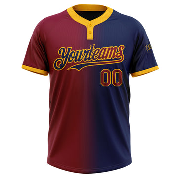 Custom Navy Maroon-Gold Gradient Fashion Two-Button Unisex Softball Jersey