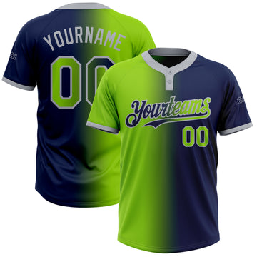 Custom Navy Neon Green-Gray Gradient Fashion Two-Button Unisex Softball Jersey