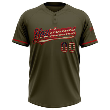 Custom Olive Vintage USA Flag-Red Salute To Service Two-Button Unisex Softball Jersey