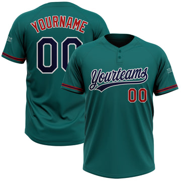 Custom Teal Navy-Red Two-Button Unisex Softball Jersey