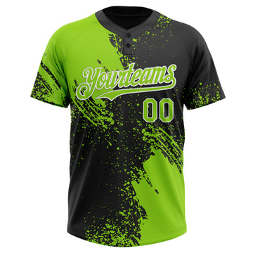 Custom Neon Green Black-White 3D Pattern Abstract Brush Stroke Two-Button Unisex Softball Jersey