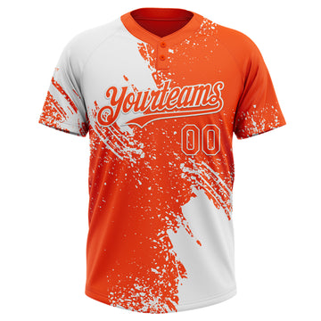 Custom White Orange 3D Pattern Abstract Brush Stroke Two-Button Unisex Softball Jersey