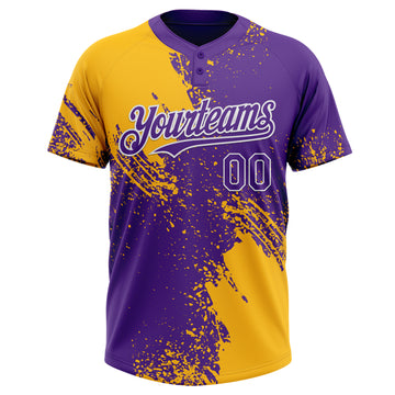 Custom Gold Purple-White 3D Pattern Abstract Brush Stroke Two-Button Unisex Softball Jersey