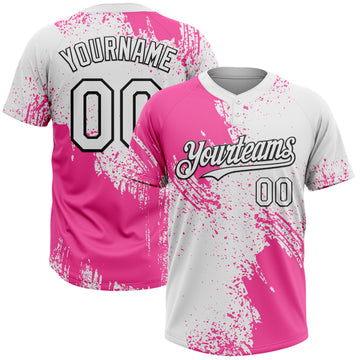 Custom Pink White-Black 3D Pattern Abstract Brush Stroke Two-Button Unisex Softball Jersey