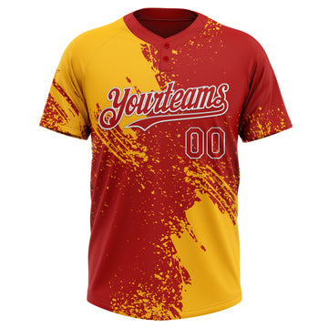 Custom Gold Red-White 3D Pattern Abstract Brush Stroke Two-Button Unisex Softball Jersey