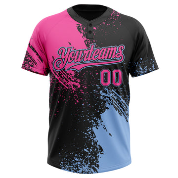 Custom Black Pink-Light Blue 3D Pattern Abstract Brush Stroke Two-Button Unisex Softball Jersey