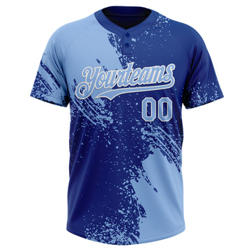 Custom Light Blue Royal-White 3D Pattern Abstract Brush Stroke Two-Button Unisex Softball Jersey