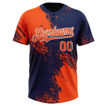 Custom Orange Navy-White 3D Pattern Abstract Brush Stroke Two-Button Unisex Softball Jersey