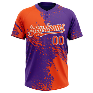 Custom Orange Purple-White 3D Pattern Abstract Brush Stroke Two-Button Unisex Softball Jersey