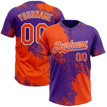 Custom Orange Purple-White 3D Pattern Abstract Brush Stroke Two-Button Unisex Softball Jersey