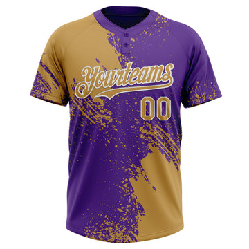 Custom Old Gold Purple-White 3D Pattern Abstract Brush Stroke Two-Button Unisex Softball Jersey