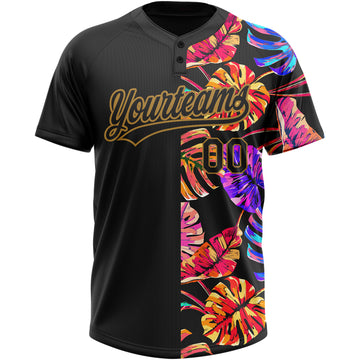Custom Black Old Gold 3D Pattern Hawaii Tropical Palm Leaves Two-Button Unisex Softball Jersey