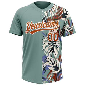 Custom Teal Texas Orange-White 3D Pattern Hawaii Tropical Palm Leaves Two-Button Unisex Softball Jersey
