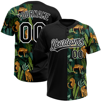 Custom Black White 3D Pattern Leopards And Tropical Palm Leaves Two-Button Unisex Softball Jersey