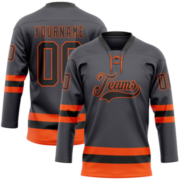 Custom Steel Gray Black-Orange Hockey Lace Neck Jersey