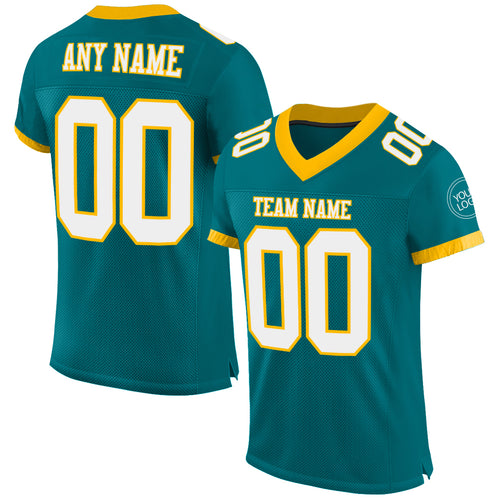 Cheap Custom Teal White-Gold Mesh Authentic Football Jersey Free