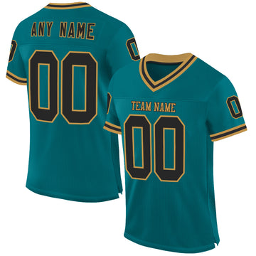 Custom Teal Black-Old Gold Mesh Authentic Throwback Football Jersey