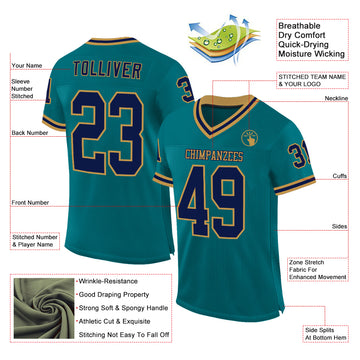 Custom Teal Navy-Old Gold Mesh Authentic Throwback Football Jersey