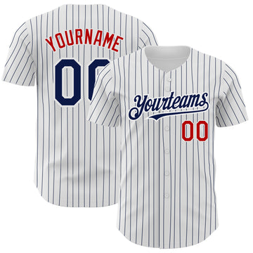 Custom White Navy Pinstripe Red Authentic Baseball Jersey