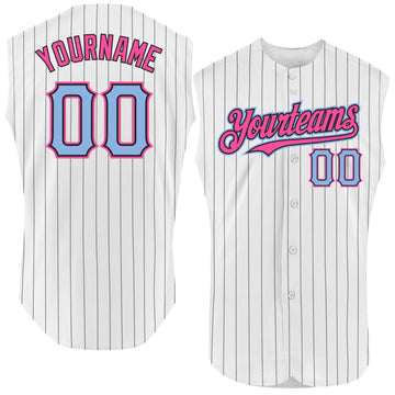 Custom White Black Pinstripe Light Blue-Pink Authentic Sleeveless Baseball Jersey