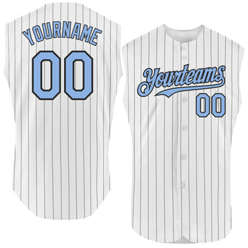 Custom White Black Pinstripe Light Blue Authentic Sleeveless Baseball Jersey