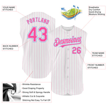 Custom White Pink Pinstripe Light Blue Authentic Sleeveless Baseball Jersey