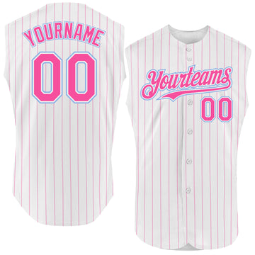 Custom White Pink Pinstripe Light Blue Authentic Sleeveless Baseball Jersey