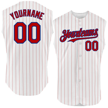 Custom White Red Pinstripe Royal Authentic Sleeveless Baseball Jersey