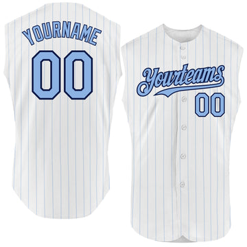 Custom White Light Blue Pinstripe Navy Authentic Sleeveless Baseball Jersey