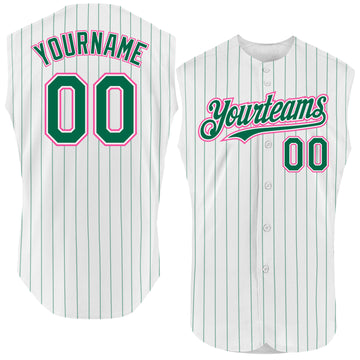 Custom White Kelly Green Pinstripe Pink Authentic Sleeveless Baseball Jersey