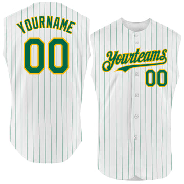 Custom White Kelly Green Pinstripe Gold Authentic Sleeveless Baseball Jersey