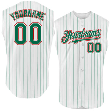 Custom White Kelly Green Pinstripe Red Authentic Sleeveless Baseball Jersey