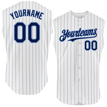 Custom White Navy Pinstripe Light Blue Authentic Sleeveless Baseball Jersey