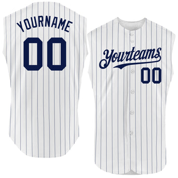 Custom White Navy Pinstripe Navy Authentic Sleeveless Baseball Jersey