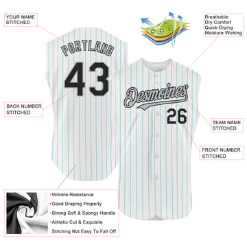 Custom White Teal Pinstripe Black-Gray Authentic Sleeveless Baseball Jersey