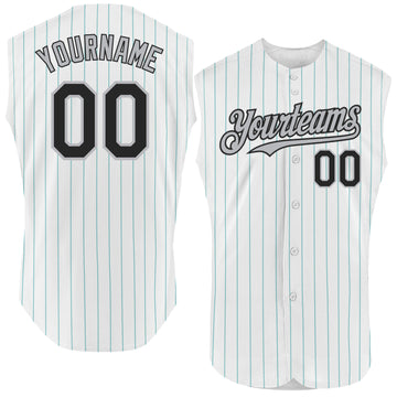 Custom White Teal Pinstripe Black-Gray Authentic Sleeveless Baseball Jersey