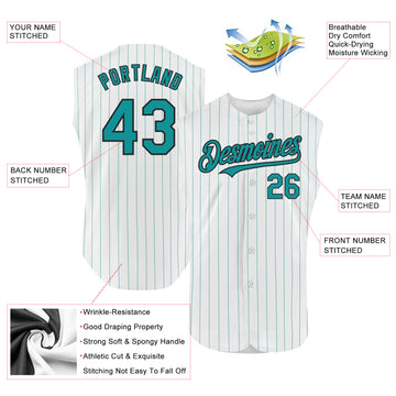 Custom White Teal Pinstripe Black Authentic Sleeveless Baseball Jersey